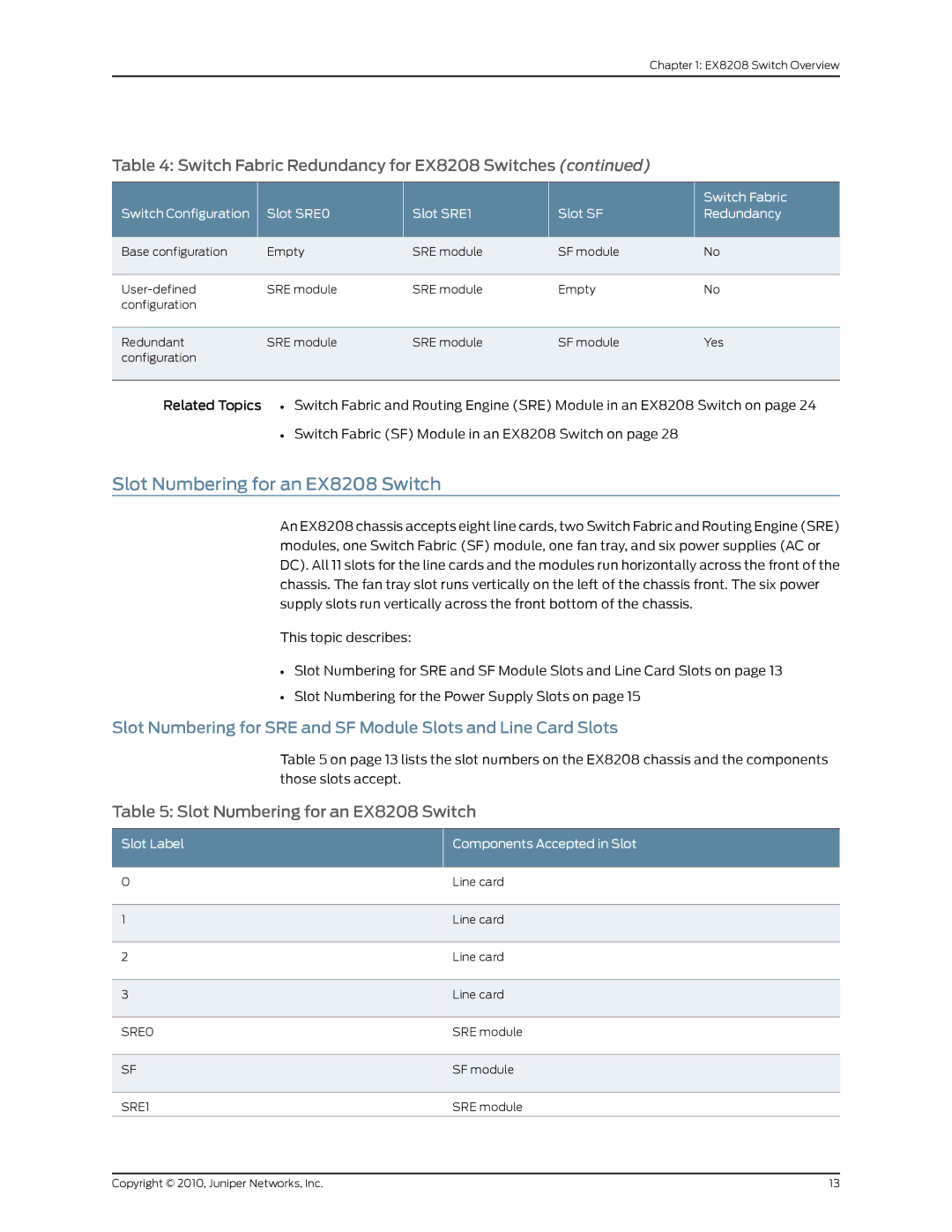 Juniper Networks manual Slot Numbering for an EX8208 Switch, Slot Label Components Accepted in Slot, SRE0, SRE1 