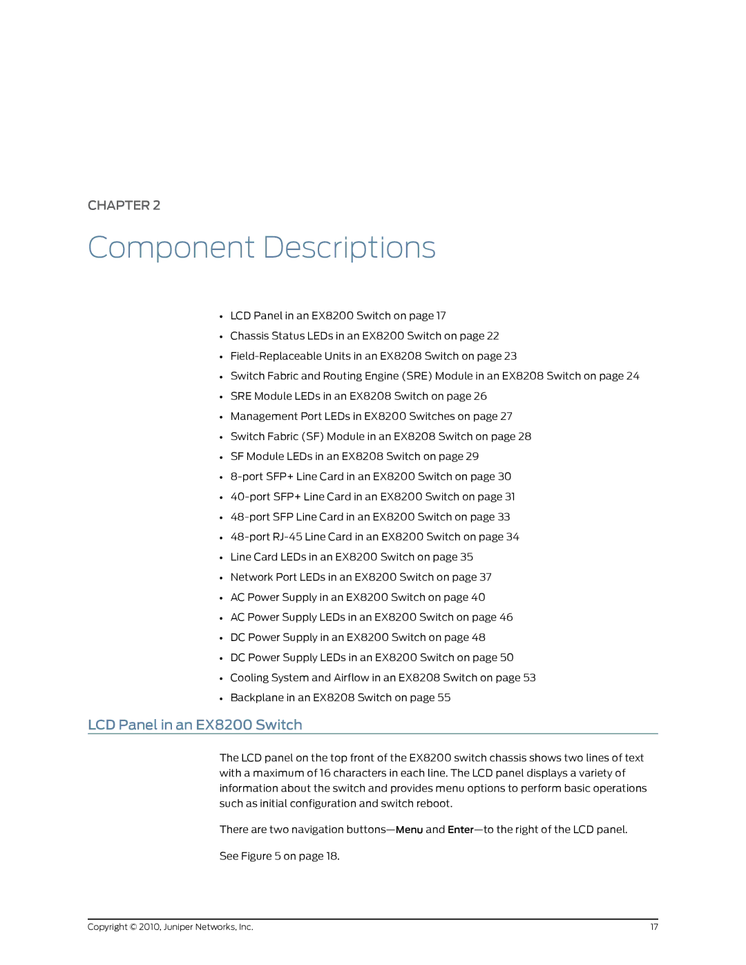 Juniper Networks EX8208 manual Component Descriptions, LCD Panel in an EX8200 Switch 