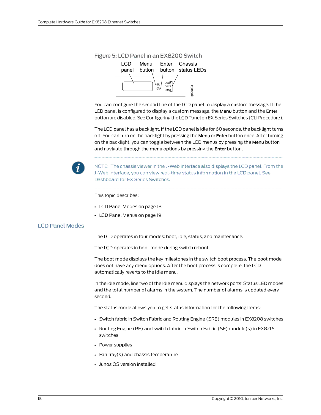 Juniper Networks EX8208 manual LCD Panel in an EX8200 Switch, LCD Panel Modes 