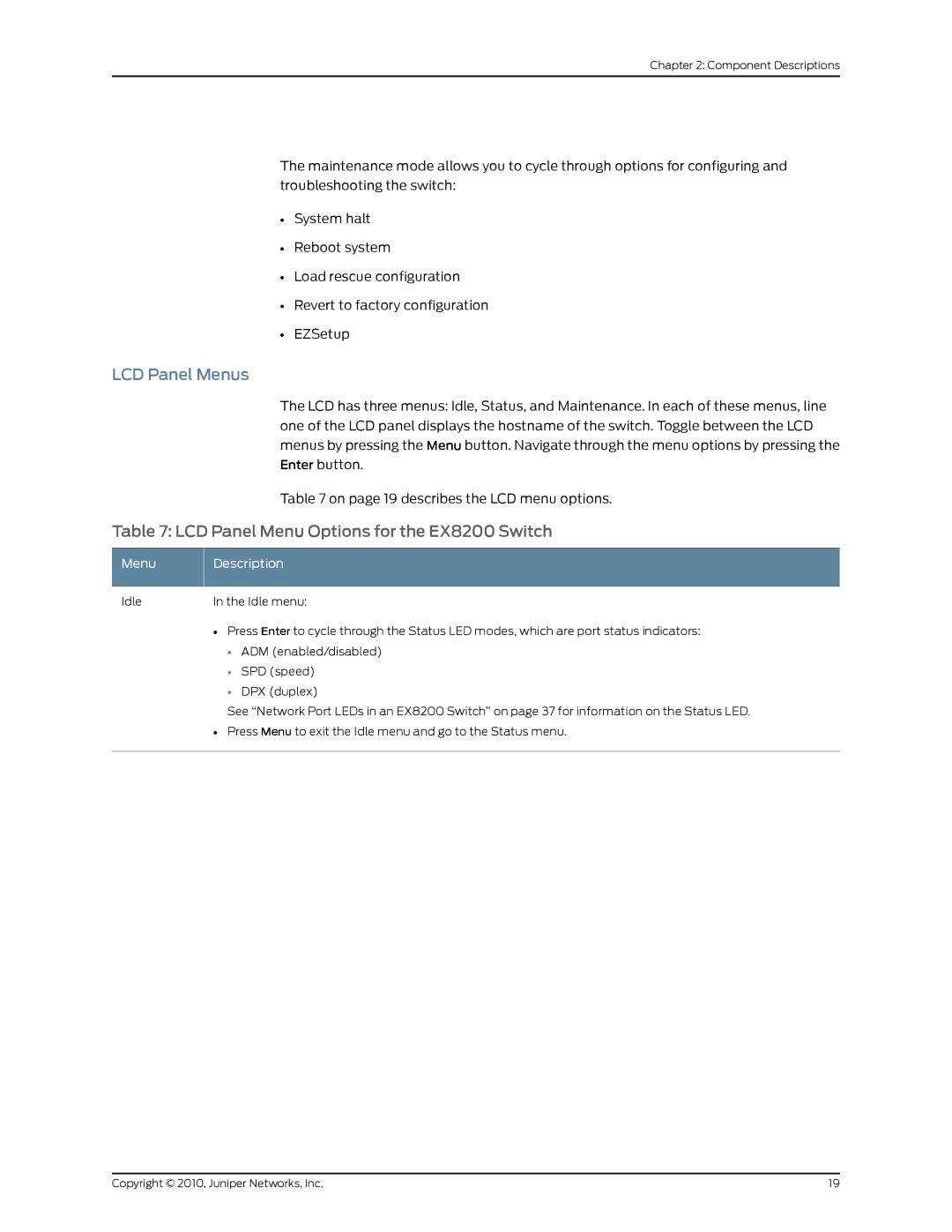 Juniper Networks EX8208 manual LCD Panel Menus, LCD Panel Menu Options for the EX8200 Switch, Menu Description 