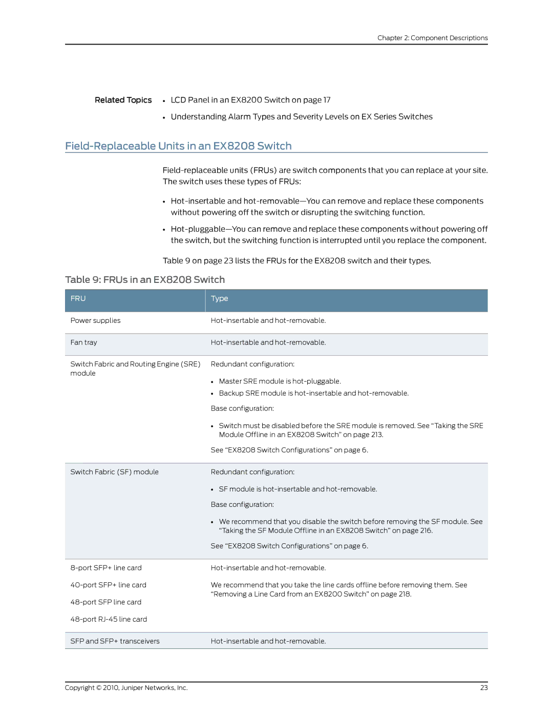 Juniper Networks manual Field-Replaceable Units in an EX8208 Switch, FRUs in an EX8208 Switch, Type 