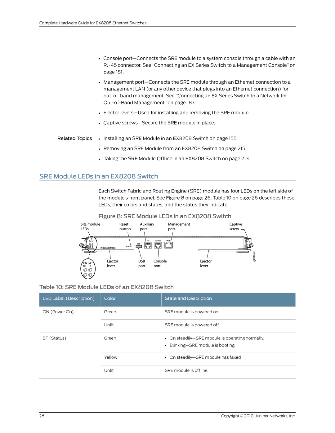 Juniper Networks manual SRE Module LEDs in an EX8208 Switch, LED Label Description Color State and Description 