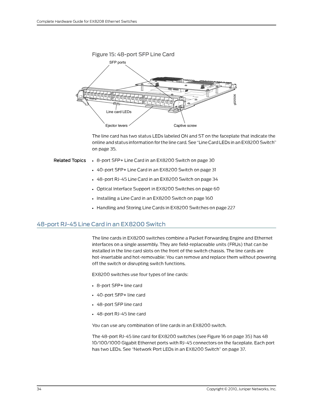 Juniper Networks EX8208 manual Port RJ-45 Line Card in an EX8200 Switch, port SFP Line Card 