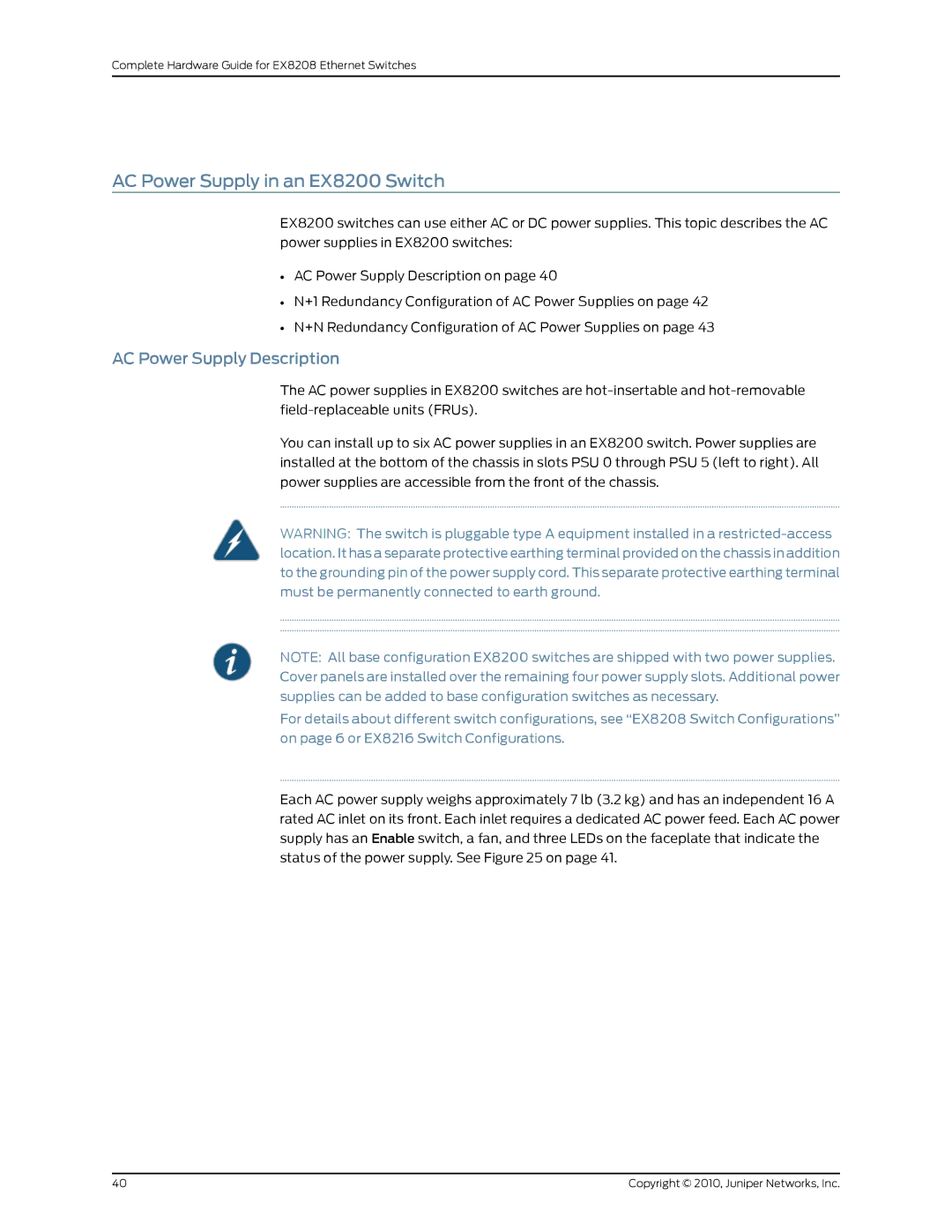 Juniper Networks EX8208 manual AC Power Supply in an EX8200 Switch, AC Power Supply Description 