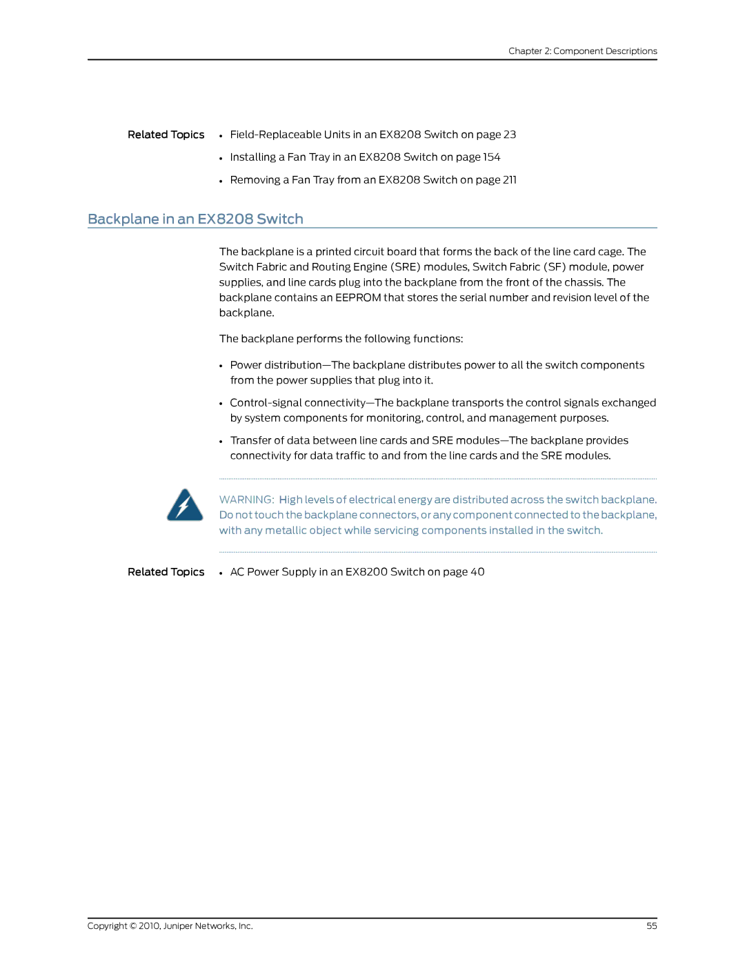 Juniper Networks manual Backplane in an EX8208 Switch 