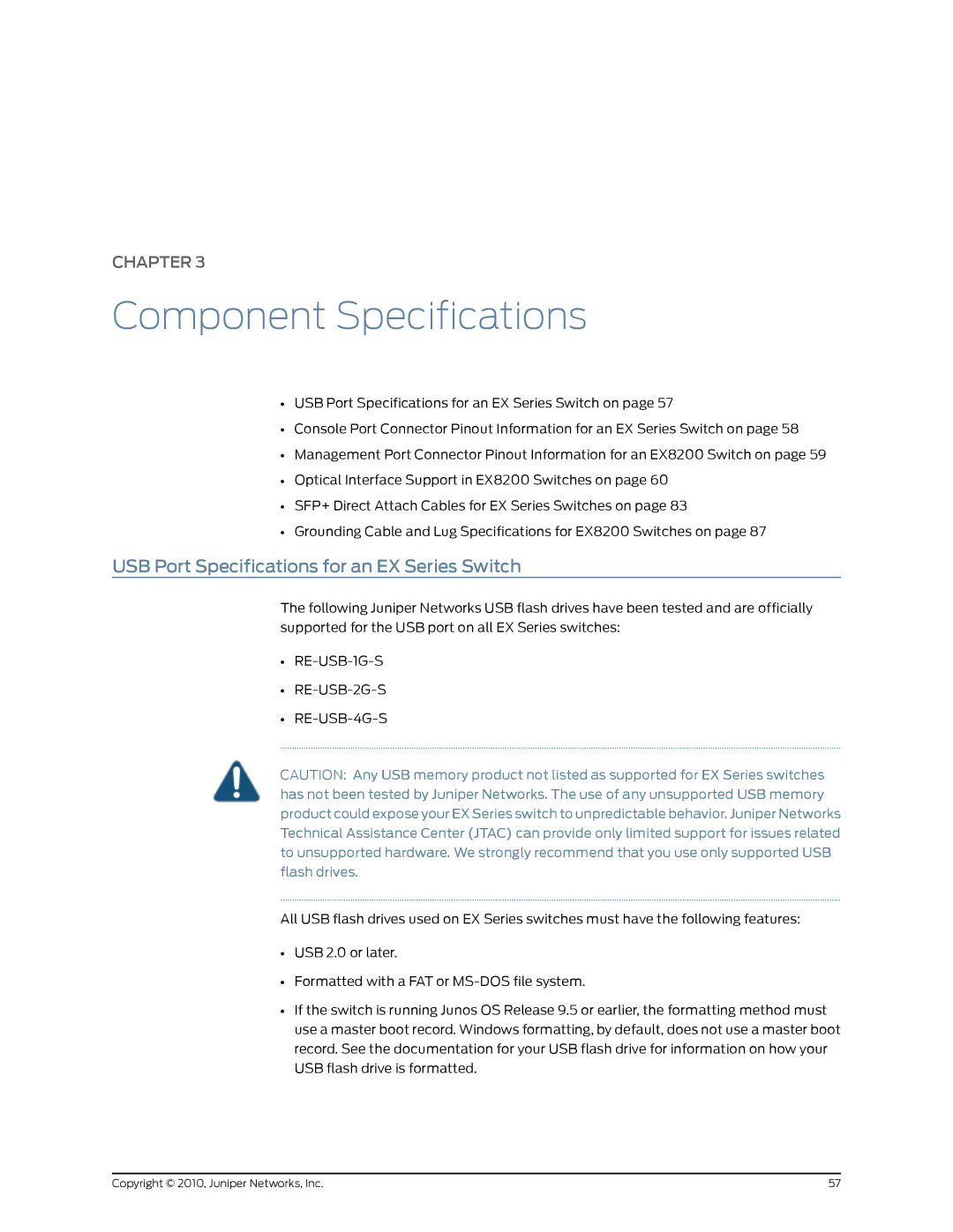 Juniper Networks EX8208 manual Component Specifications, USB Port Specifications for an EX Series Switch 