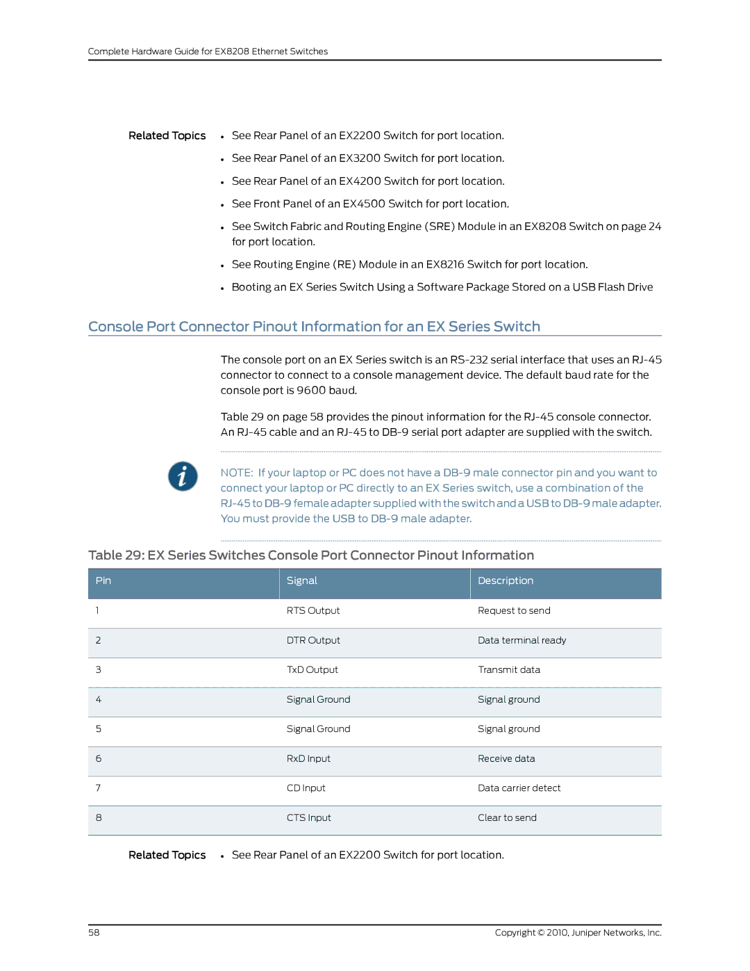 Juniper Networks EX8208 manual EX Series Switches Console Port Connector Pinout Information, Pin Signal Description 