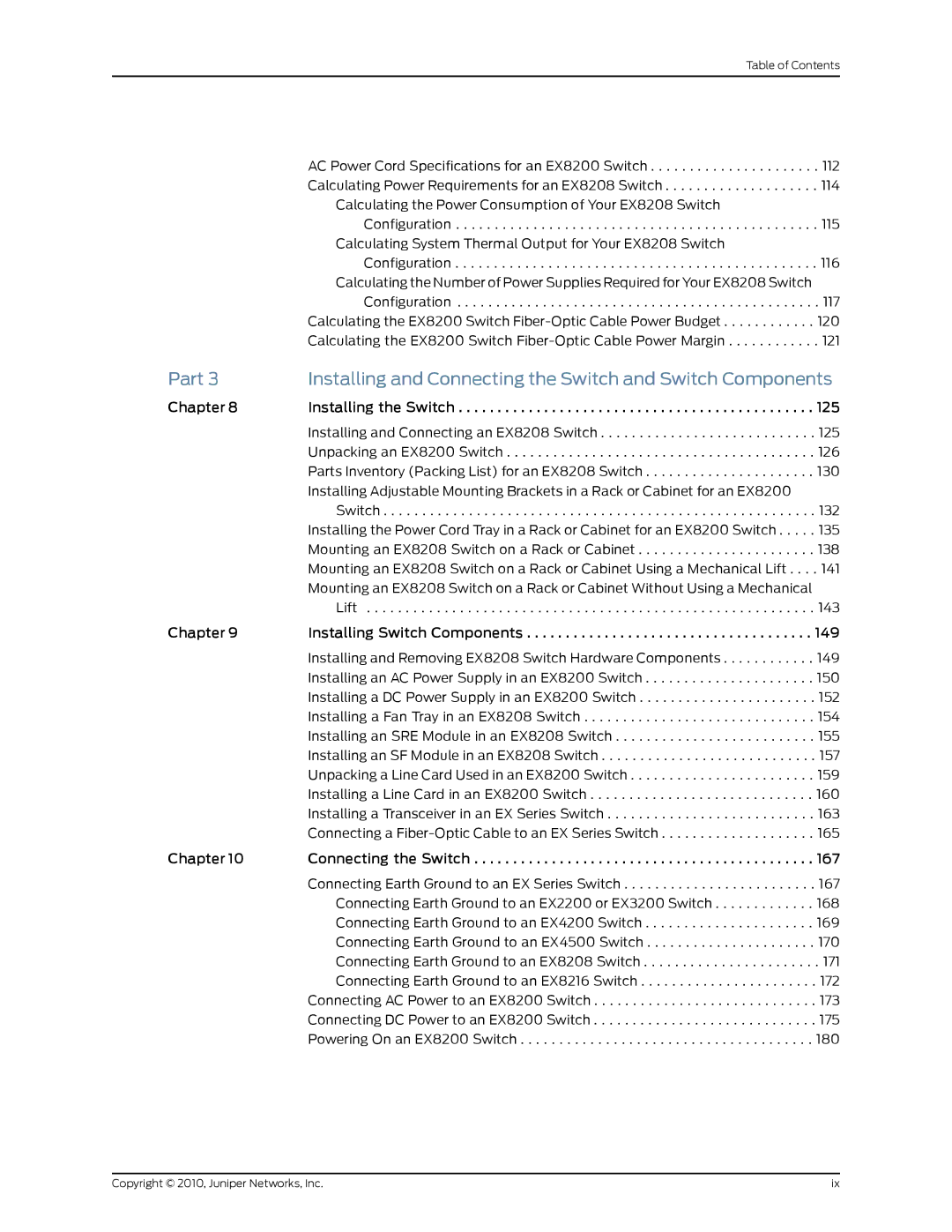 Juniper Networks EX8208 manual Chapter Installing the Switch 125 