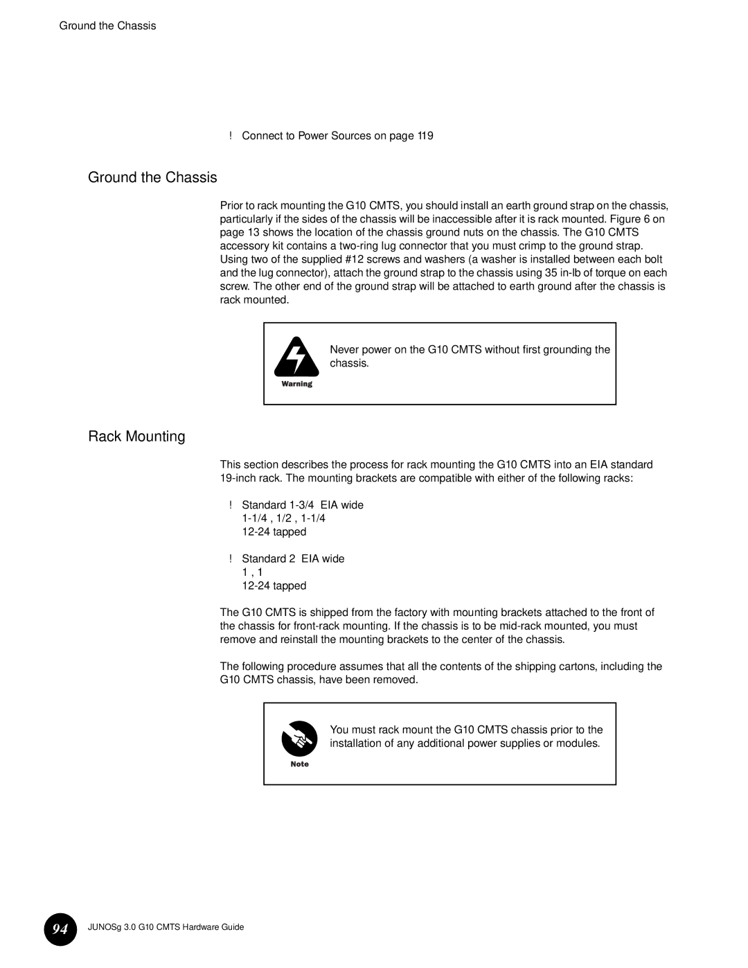 Juniper Networks G10 CMTS manual Ground the Chassis 