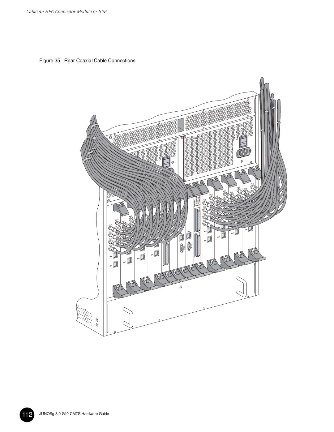 Juniper Networks G10 CMTS manual 112, Rear Coaxial Cable Connections 