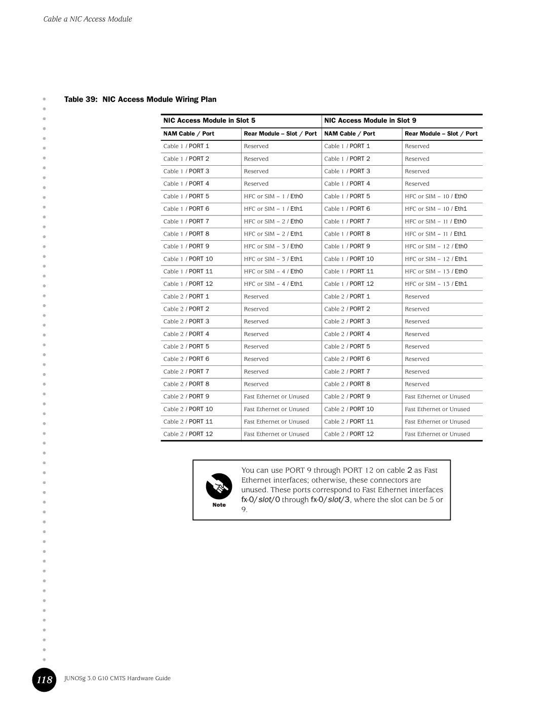 Juniper Networks G10 CMTS manual 118, NIC Access Module Wiring Plan, NIC Access Module in Slot 