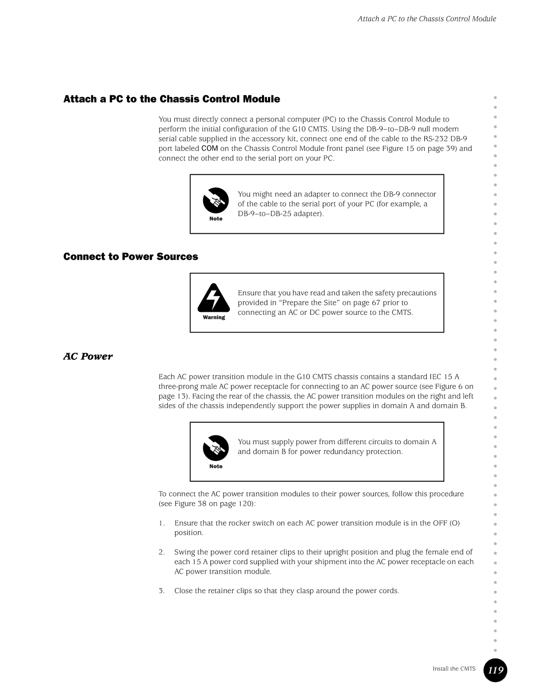 Juniper Networks G10 CMTS manual Attach a PC to the Chassis Control Module, Connect to Power Sources, 119 