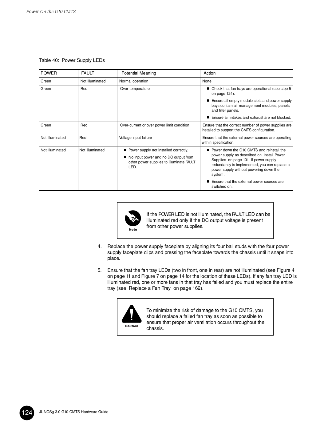 Juniper Networks G10 CMTS manual Power On the G10 Cmts, Power Fault 