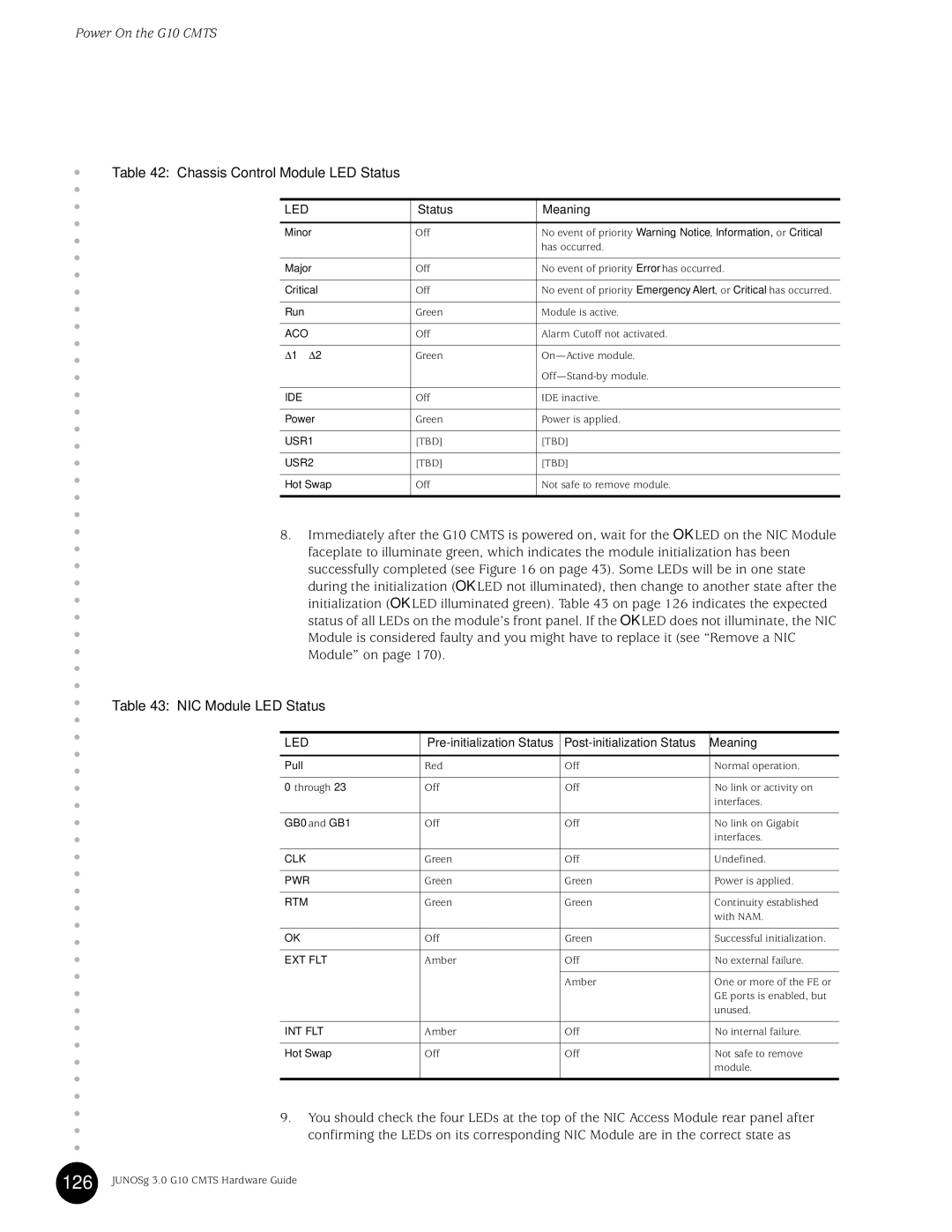 Juniper Networks G10 CMTS manual Chassis Control Module LED Status, NIC Module LED Status 