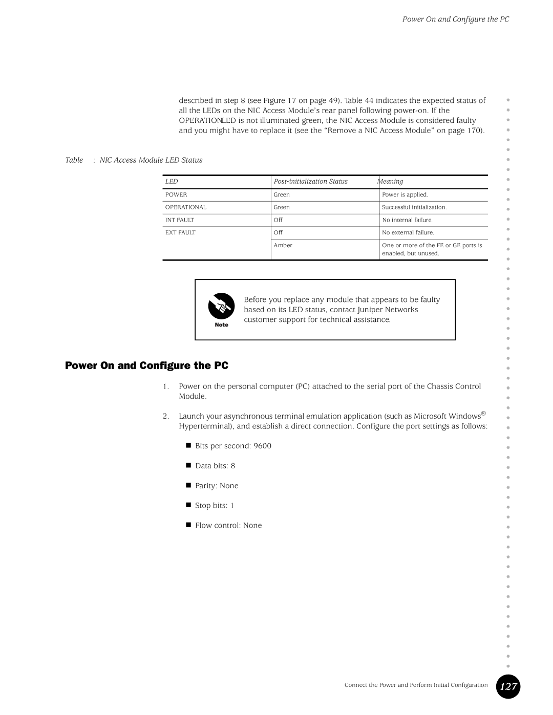 Juniper Networks G10 CMTS manual Power On and Configure the PC, 127, NIC Access Module LED Status 