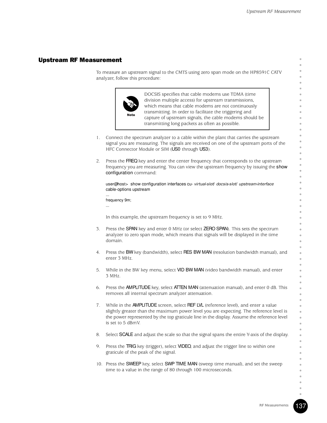 Juniper Networks G10 CMTS manual Upstream RF Measurement, Cable-options upstream 