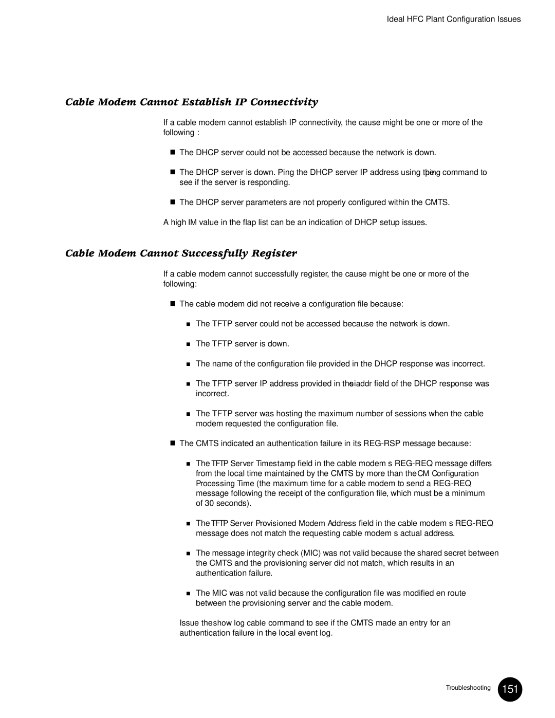 Juniper Networks G10 CMTS manual Cable Modem Cannot Establish IP Connectivity, Cable Modem Cannot Successfully Register 