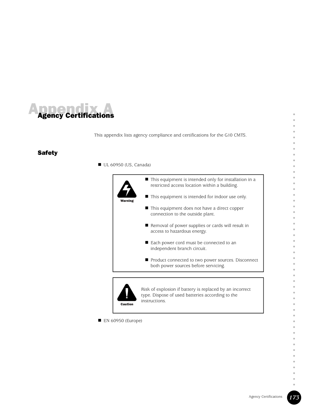 Juniper Networks G10 CMTS manual Agency Certifications, Safety 