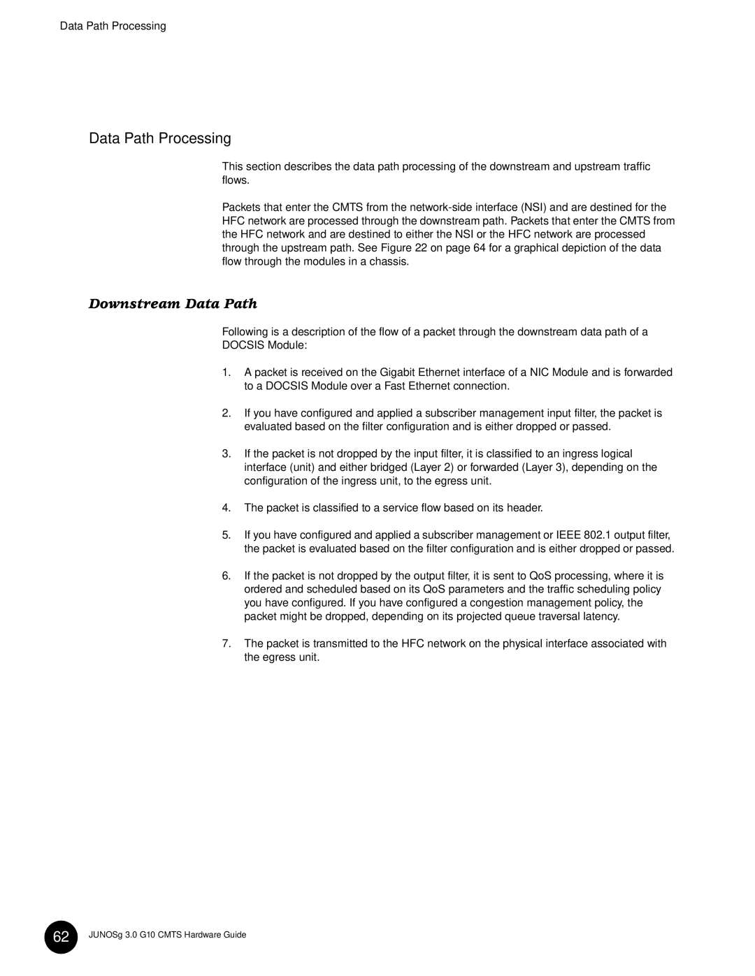 Juniper Networks G10 CMTS manual Data Path Processing, Downstream Data Path 