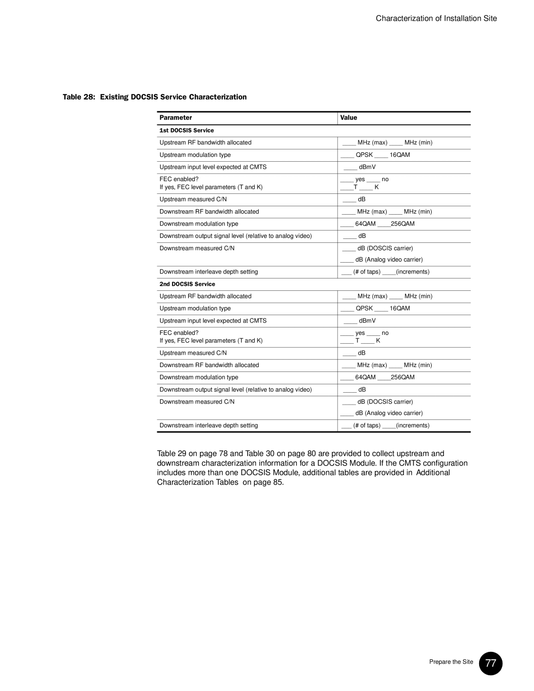 Juniper Networks G10 CMTS manual Existing Docsis Service Characterization, Parameter Value 