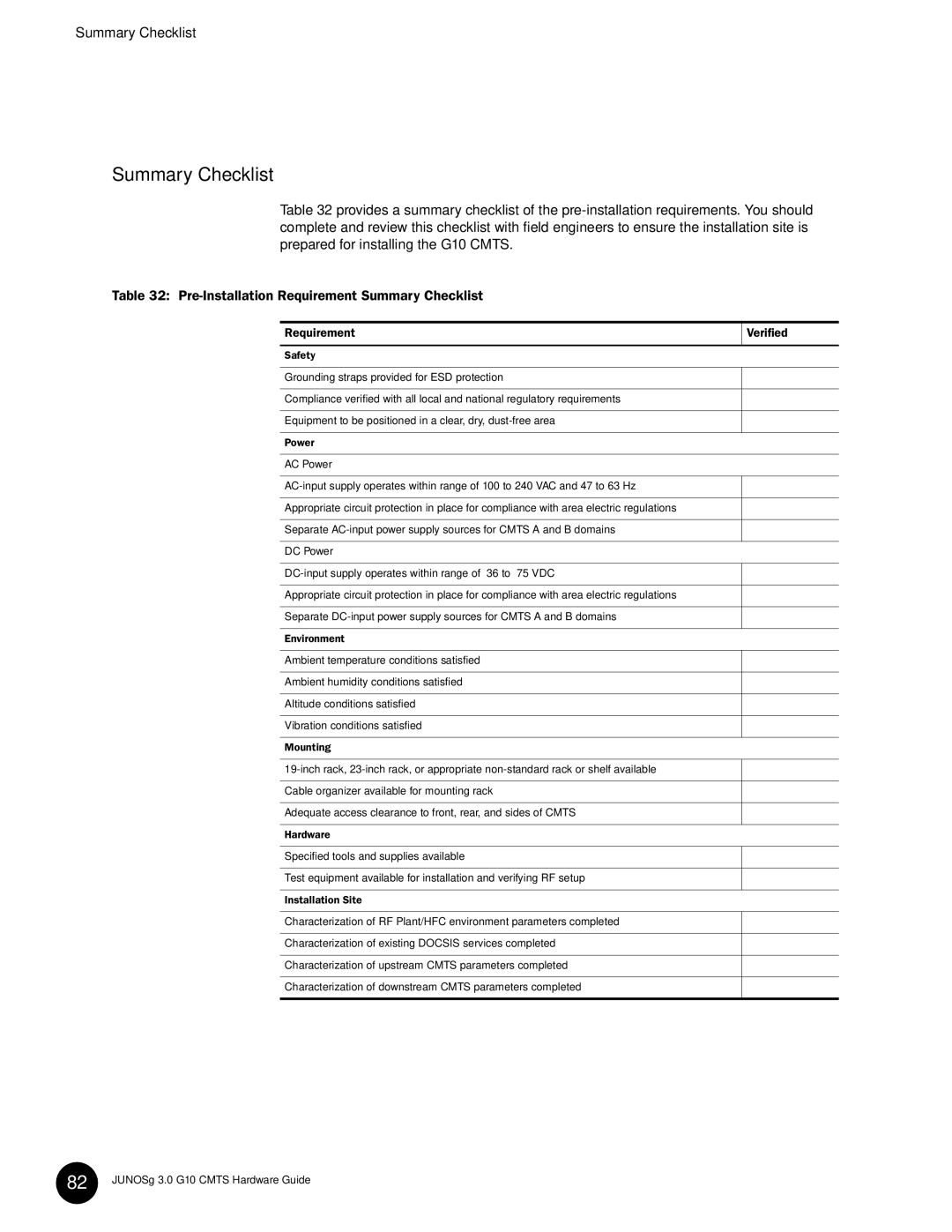 Juniper Networks G10 CMTS manual Summary Checklist 