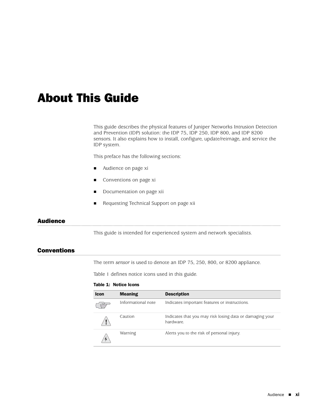 Juniper Networks IDP75, IDP250, IDP8200, IDP 800 manual About This Guide, Audience, Conventions, Icon Meaning Description 