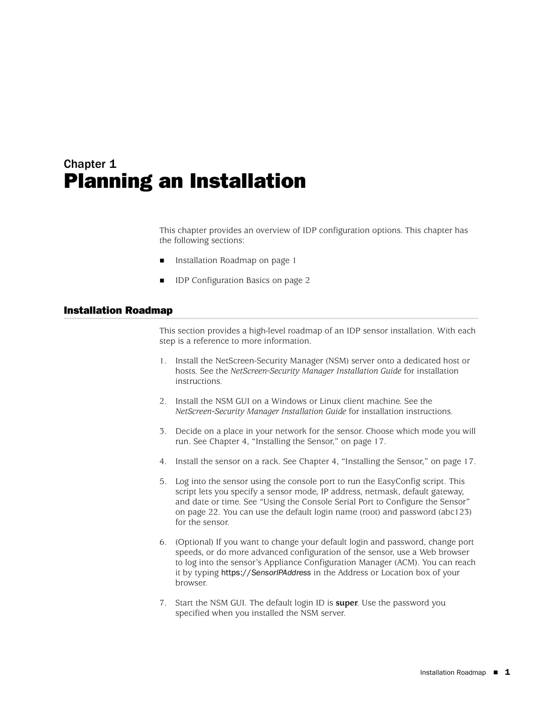 Juniper Networks IDP75, IDP250, IDP8200, IDP 800 manual Planning an Installation, Installation Roadmap 