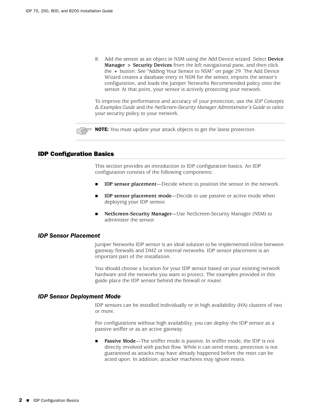 Juniper Networks IDP250, IDP8200, IDP 800, IDP75 IDP Configuration Basics, IDP Sensor Placement, IDP Sensor Deployment Mode 