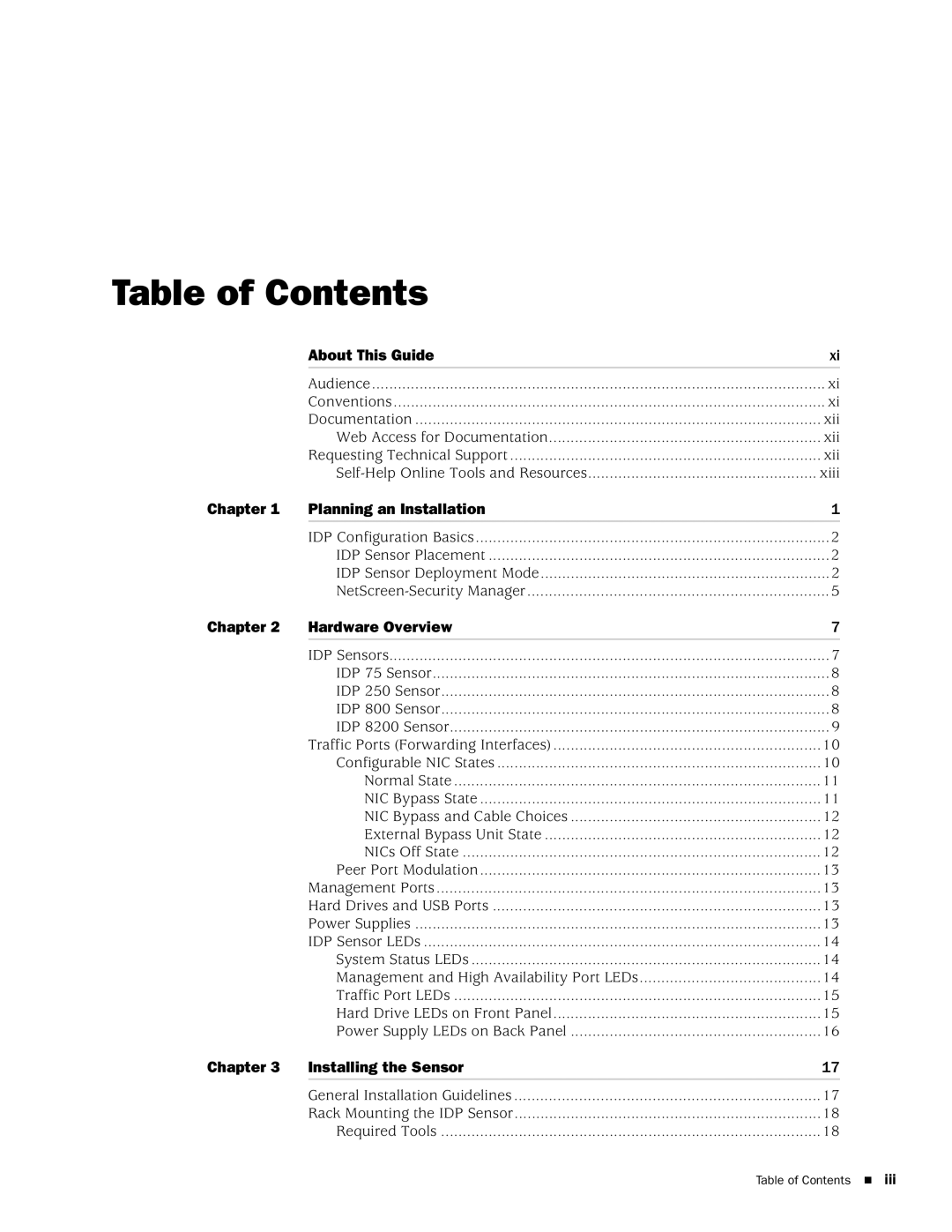 Juniper Networks IDP75, IDP250, IDP8200, IDP 800 manual Table of Contents 