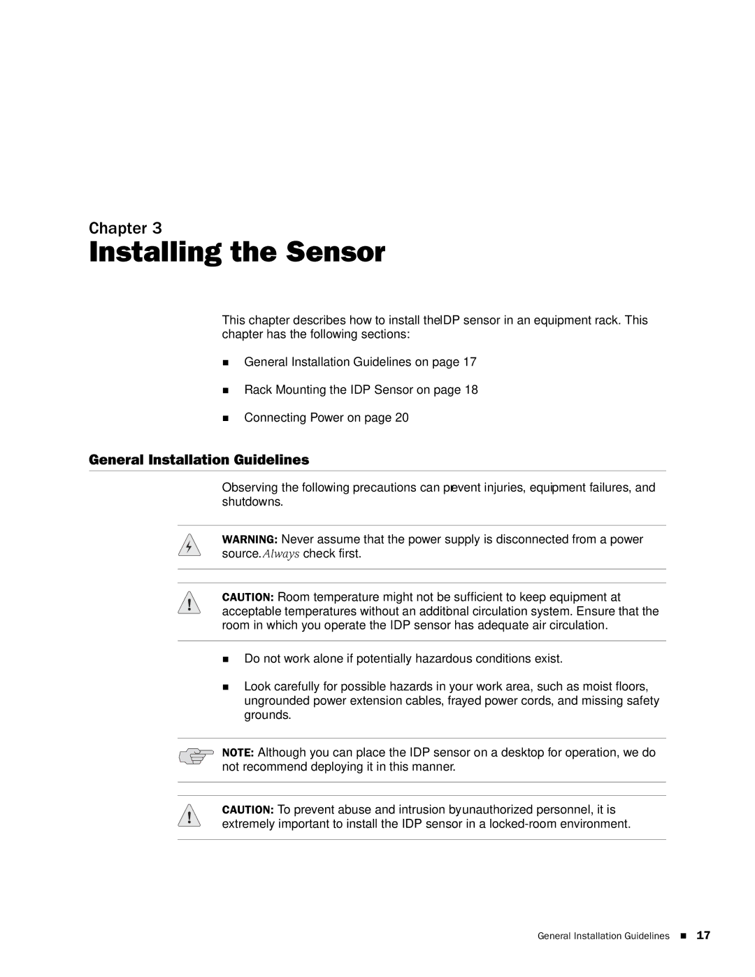 Juniper Networks IDP75, IDP250, IDP8200, IDP 800 manual Installing the Sensor, General Installation Guidelines 