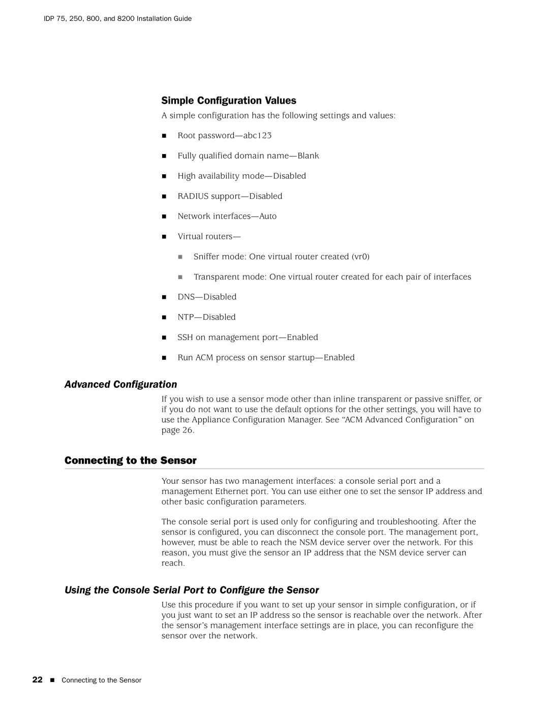 Juniper Networks IDP250, IDP8200, IDP 800 Simple Configuration Values, Advanced Configuration, Connecting to the Sensor 