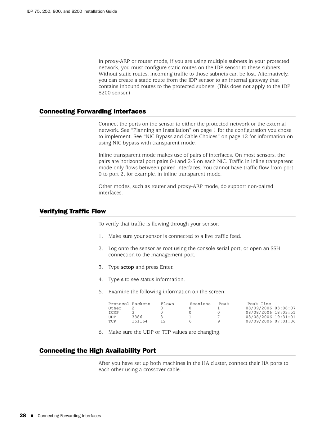 Juniper Networks IDP 800 Connecting Forwarding Interfaces, Verifying Traffic Flow, Connecting the High Availability Port 