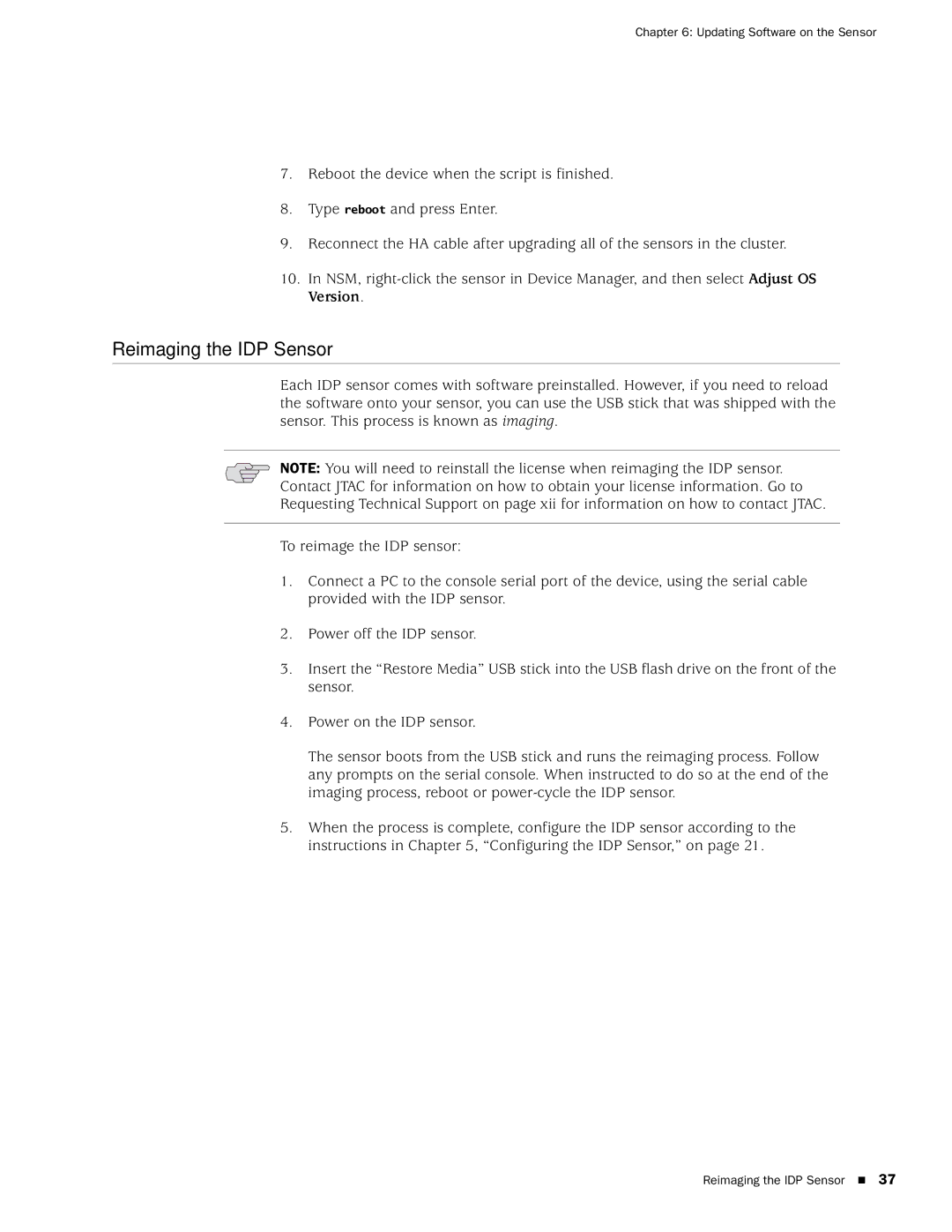 Juniper Networks IDP75, IDP250, IDP8200, IDP 800 manual Reimaging the IDP Sensor 