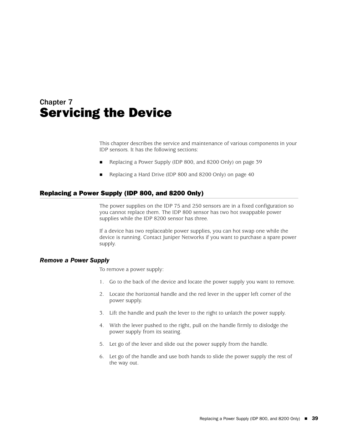 Juniper Networks IDP8200 Servicing the Device, Replacing a Power Supply IDP 800, and 8200 Only, Remove a Power Supply 