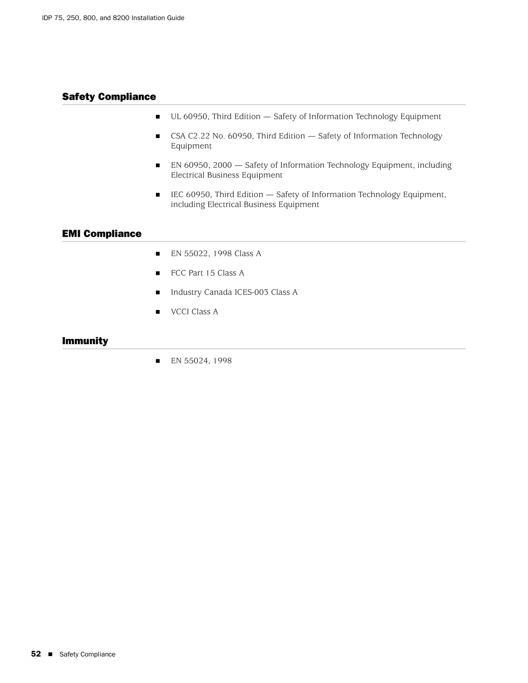 Juniper Networks IDP 800, IDP250, IDP8200, IDP75 manual Safety Compliance, EMI Compliance, Immunity 