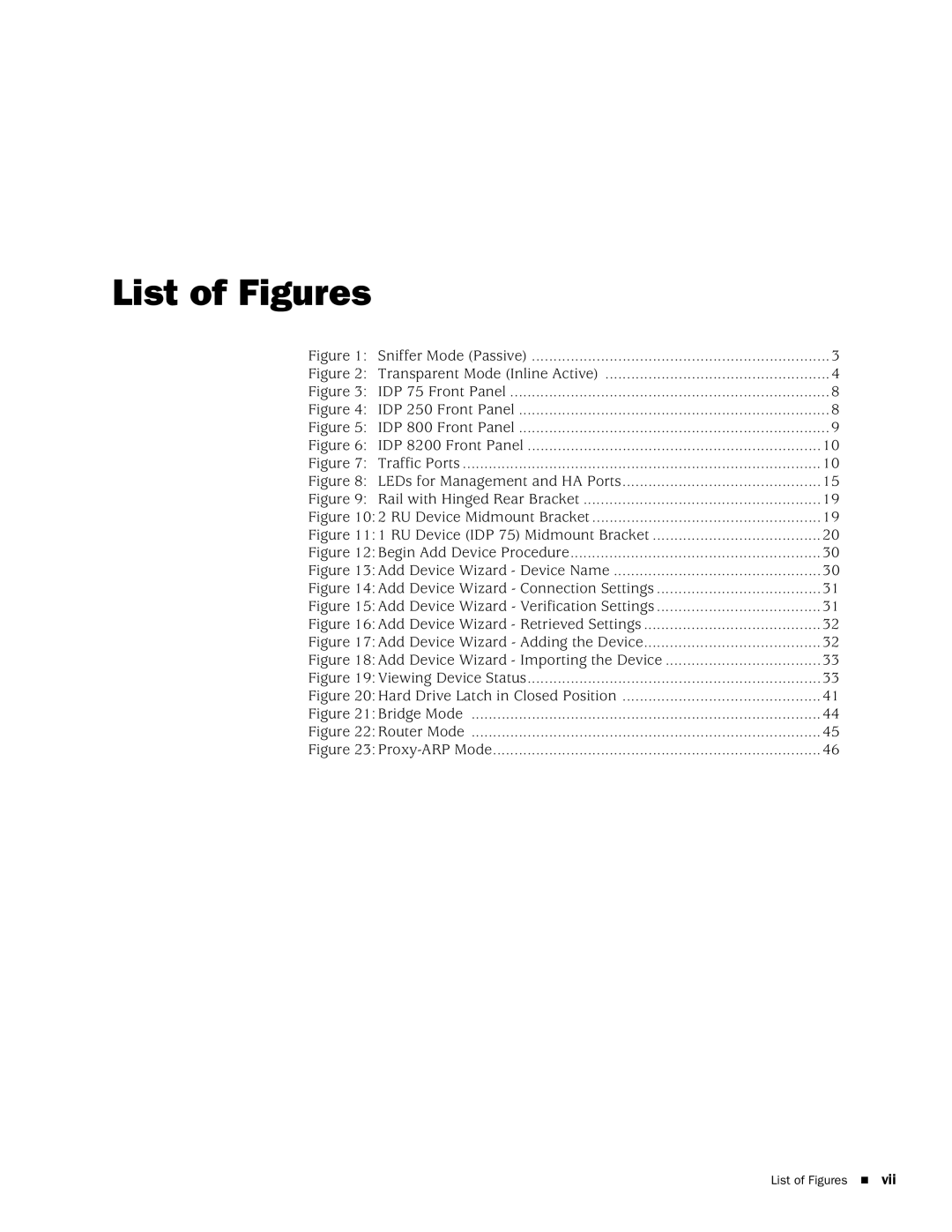 Juniper Networks IDP75, IDP250, IDP8200, IDP 800 manual List of Figures, Sniffer Mode Passive 