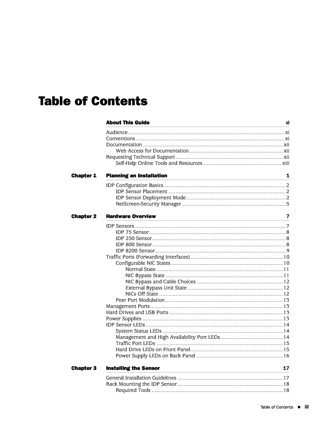 Juniper Networks IDP75, IDP250 Table of Contents, About This Guide, Chapter, Planning an Installation, Hardware Overview 