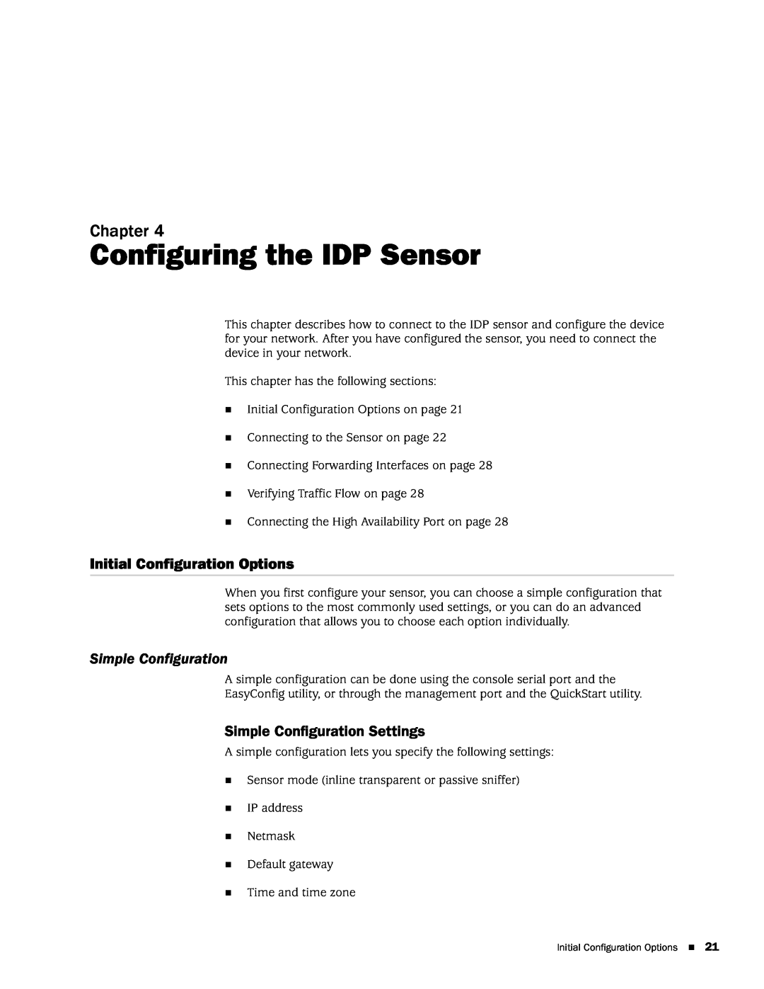 Juniper Networks IDP75, IDP250 Configuring the IDP Sensor, Initial Configuration Options, Simple Configuration, Chapter 