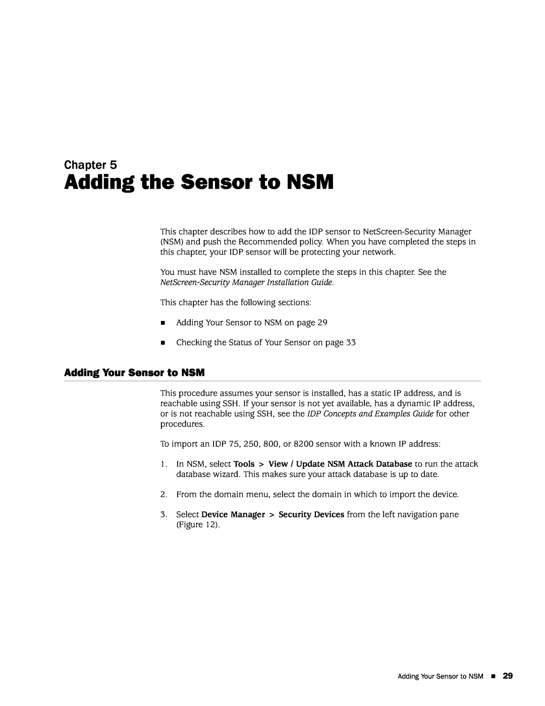 Juniper Networks IDP75 Adding the Sensor to NSM, Adding Your Sensor to NSM, NetScreen-SecurityManager Installation Guide 