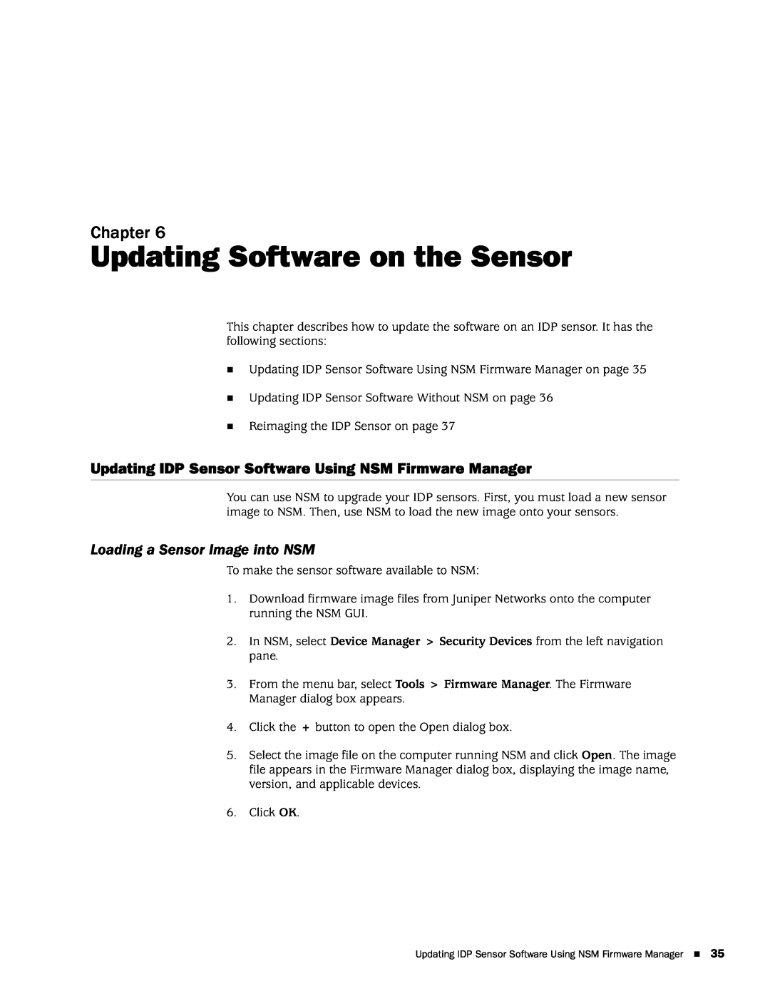 Juniper Networks IDP8200, IDP250, IDP 800, IDP75 Updating Software on the Sensor, Loading a Sensor Image into NSM, Chapter 