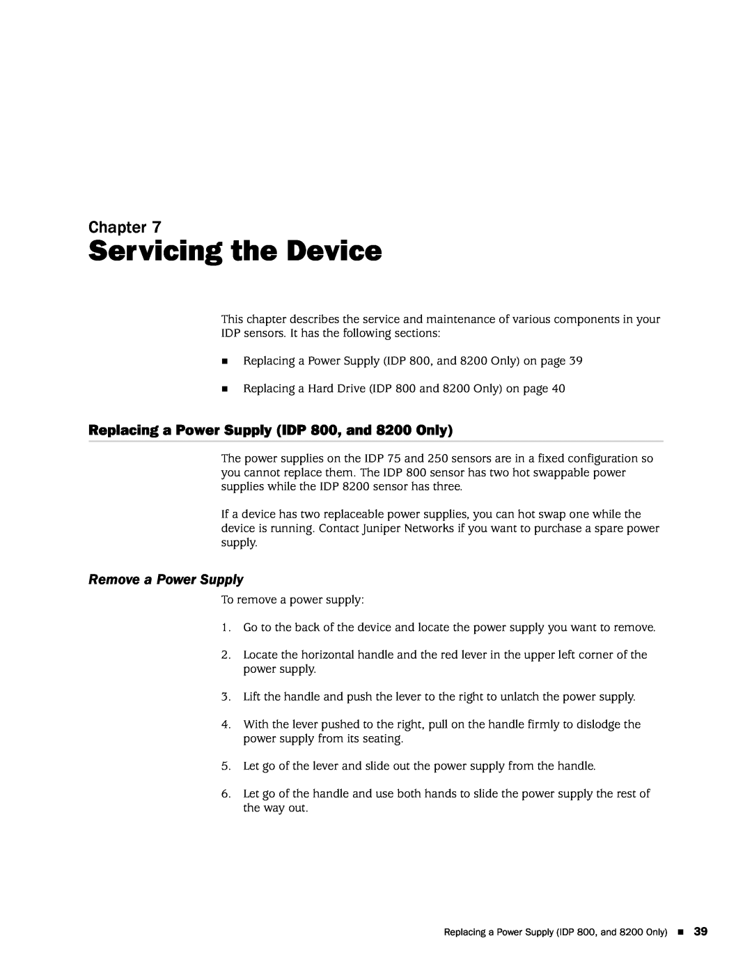 Juniper Networks IDP8200 Servicing the Device, Replacing a Power Supply IDP 800, and 8200 Only, Remove a Power Supply 