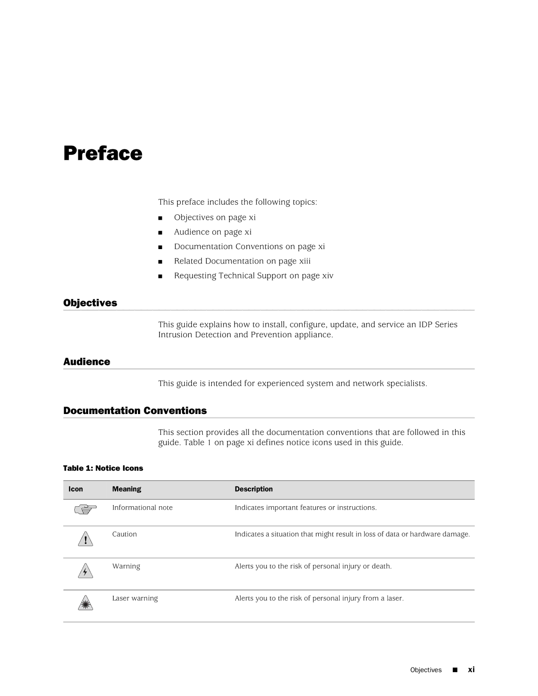 Juniper Networks IDP250 manual Preface, Objectives, Audience, Documentation Conventions 