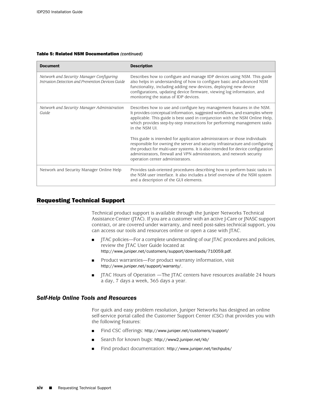 Juniper Networks IDP250 manual Requesting Technical Support, Self-Help Online Tools and Resources 