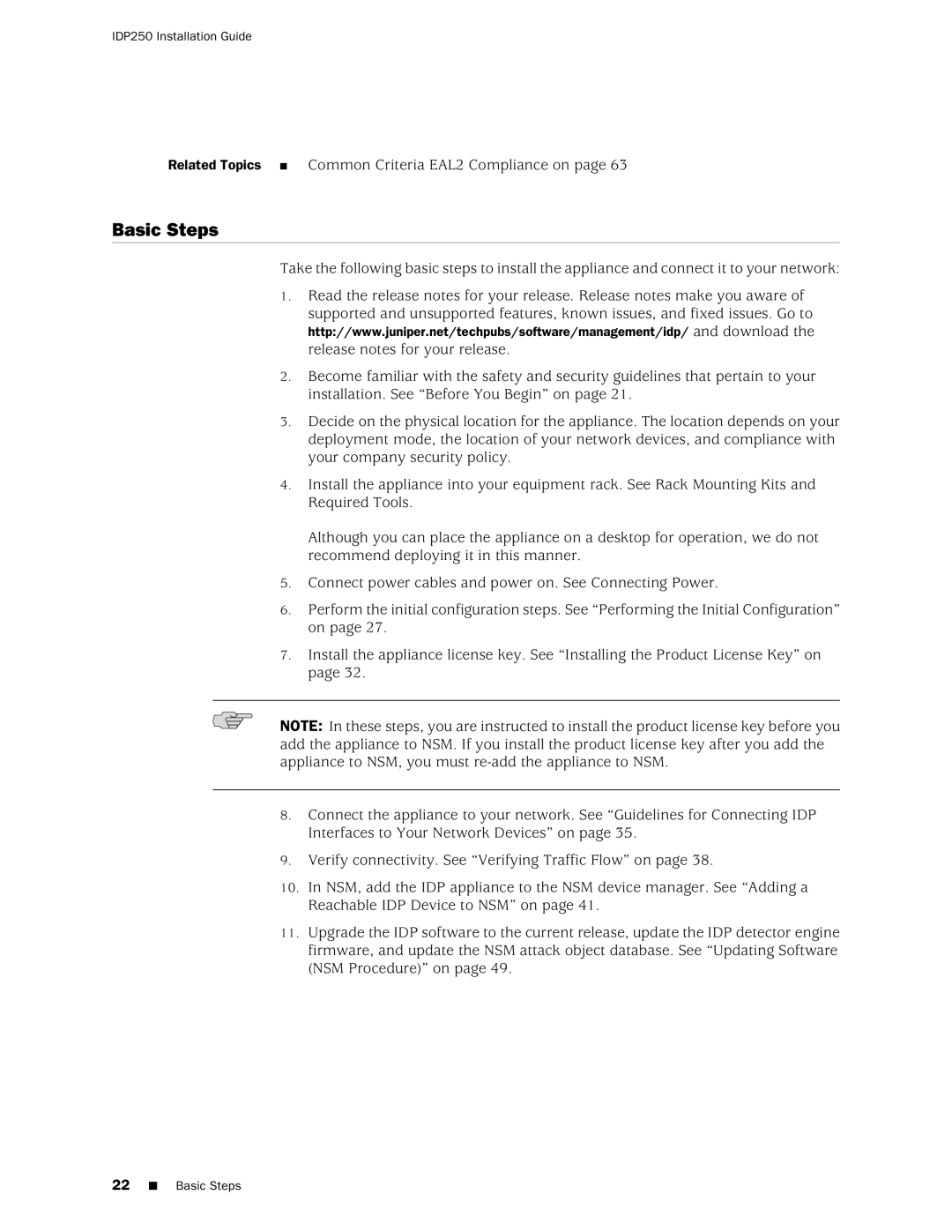 Juniper Networks IDP250 manual Basic Steps, Related Topics Common Criteria EAL2 Compliance on 