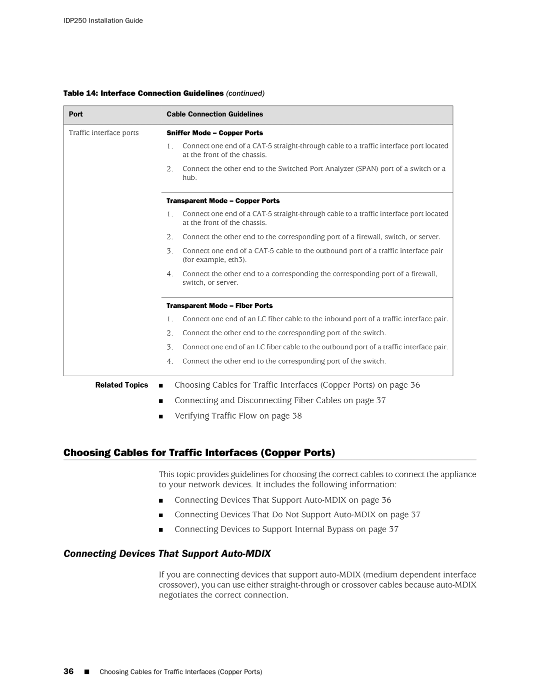Juniper Networks IDP250 Choosing Cables for Traffic Interfaces Copper Ports, Connecting Devices That Support Auto-MDIX 