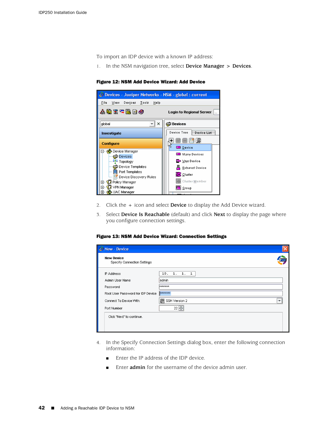 Juniper Networks IDP250 manual NSM Add Device Wizard Add Device, NSM Add Device Wizard Connection Settings 