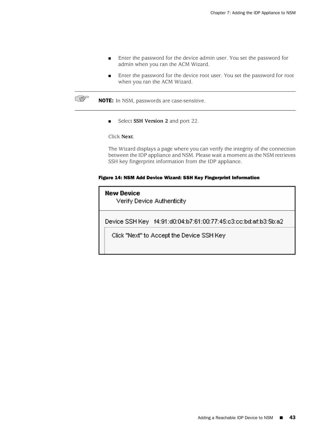 Juniper Networks IDP250 manual NSM Add Device Wizard SSH Key Fingerprint Information 