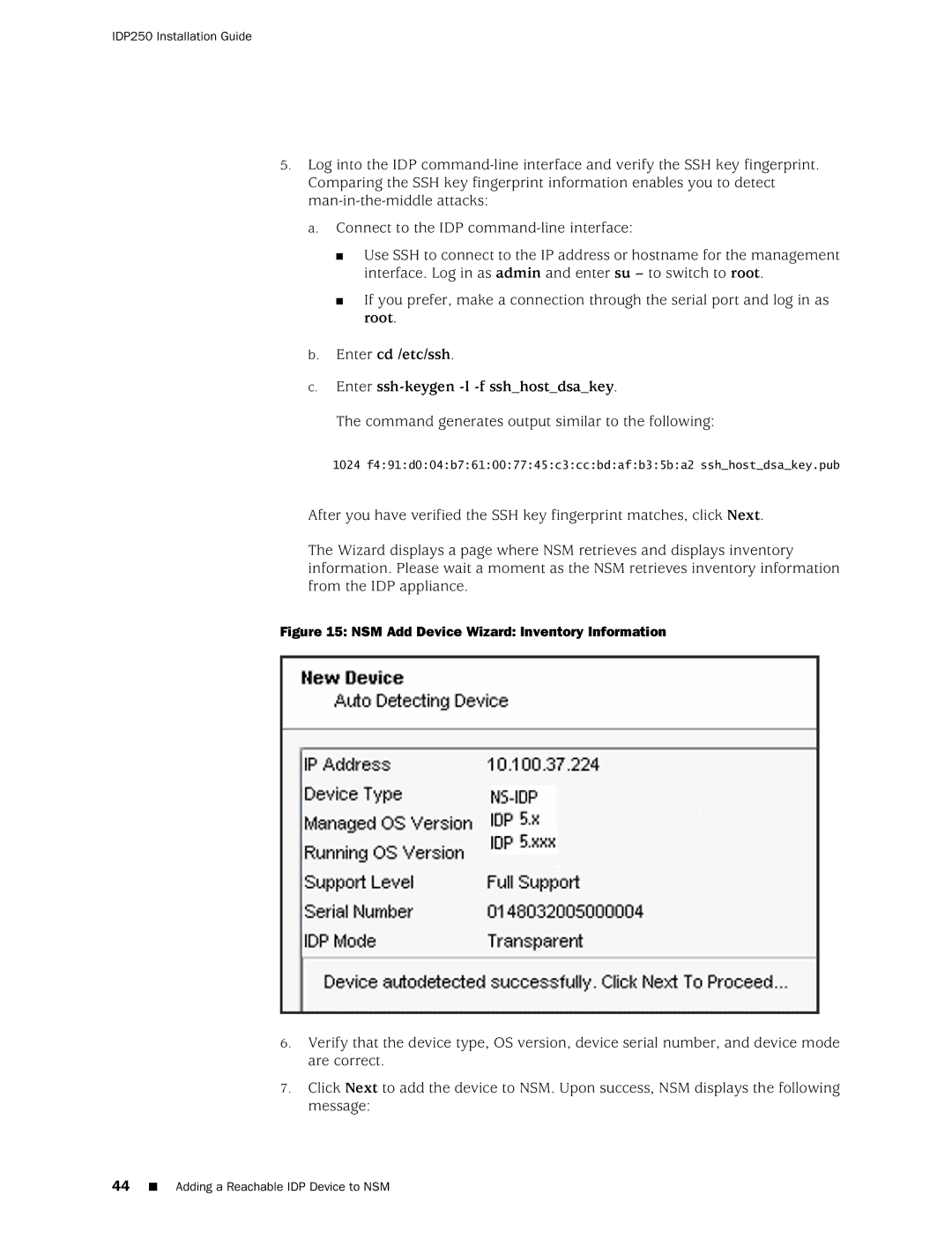 Juniper Networks IDP250 Command generates output similar to the following, NSM Add Device Wizard Inventory Information 