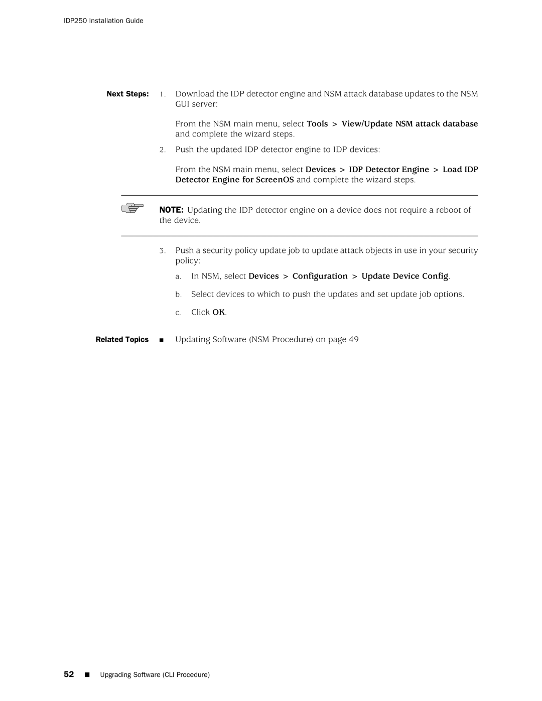 Juniper Networks IDP250 manual NSM, select Devices Configuration Update Device Config 