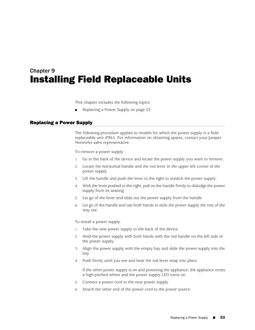 Juniper Networks IDP250 manual Installing Field Replaceable Units, Replacing a Power Supply 